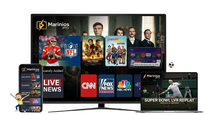 Marinios IPTV entertainment displayed on a television, phone and tablet