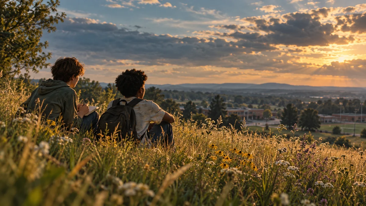 Original illustration of two young friends overlooking a field and school at sunset