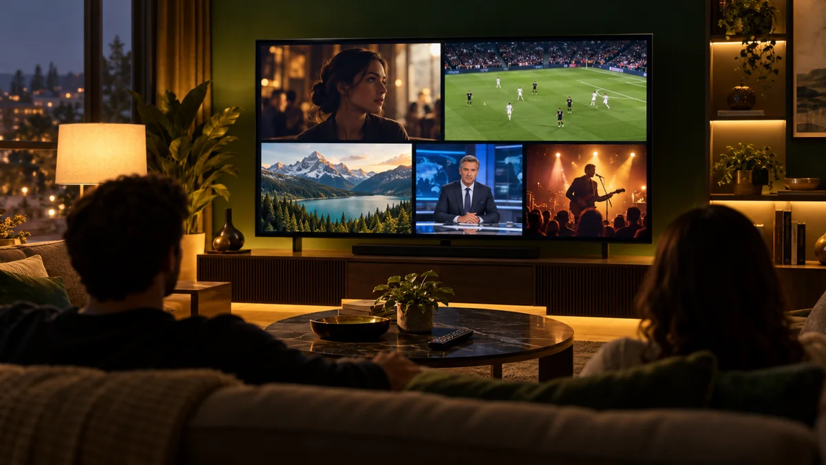 Illustration of a home television with fictional film, sport, documentary, news and music options