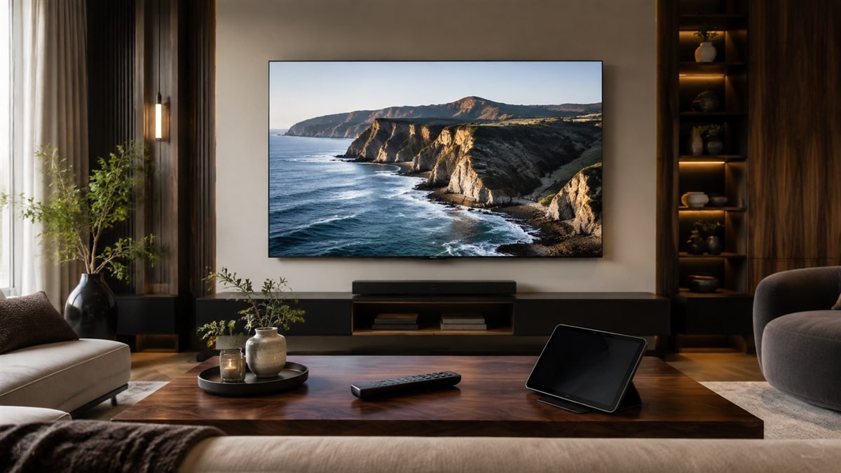 Television displaying a coastal landscape in a warmly lit living room