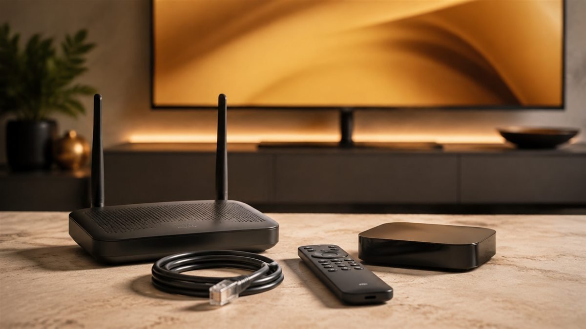 Router, Ethernet cable, remote and streaming box on a desk